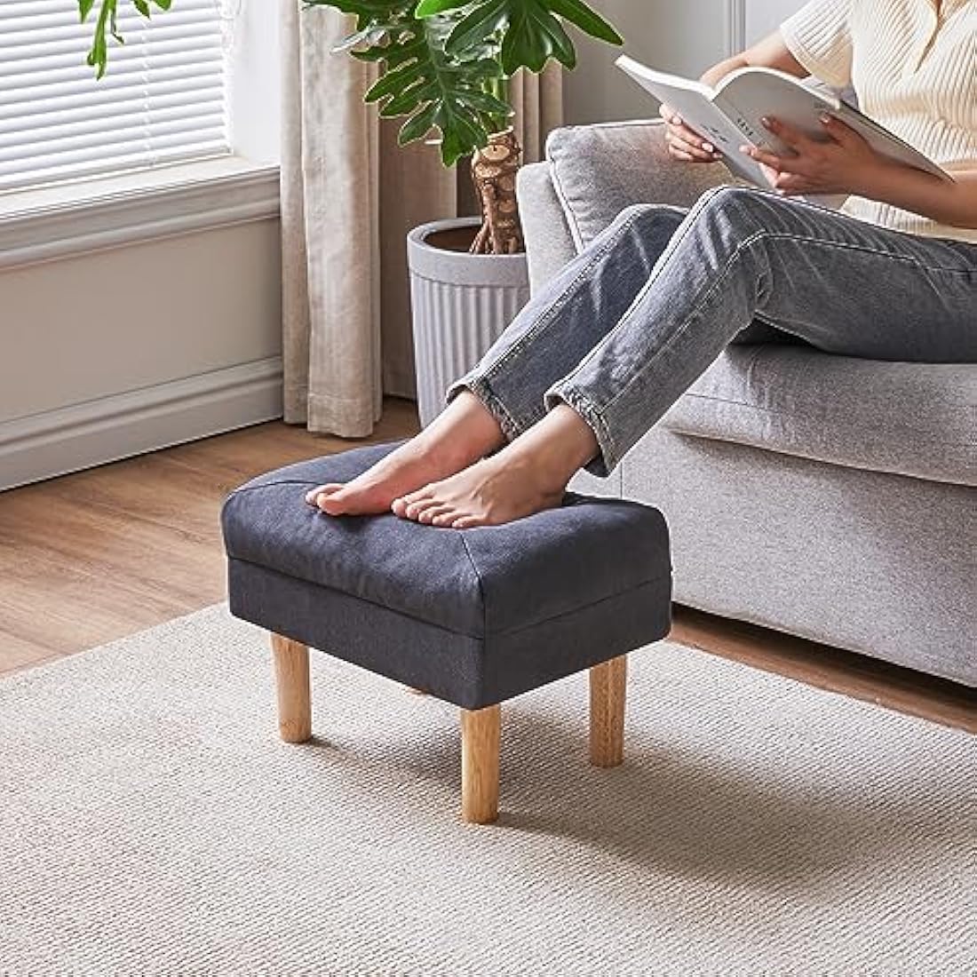 Small Ottoman Footstool – Padded Wooden Stool, Dark Grey