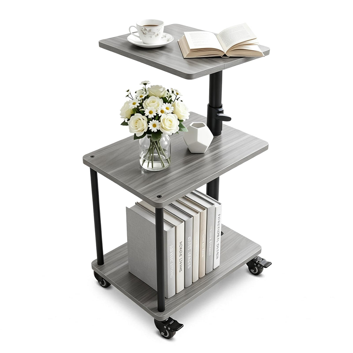 Bingyouth Side Table with Wheels, Height Adjustable Sofa Table with 360° Swivel Top, 3 Tier Bedside Table for Living Room, Bedroom and Small Spaces - image 1
