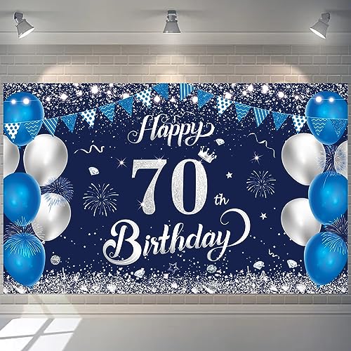 70th Birthday Banner – Blue & Silver Party Backdrop, 1.1x1.8m