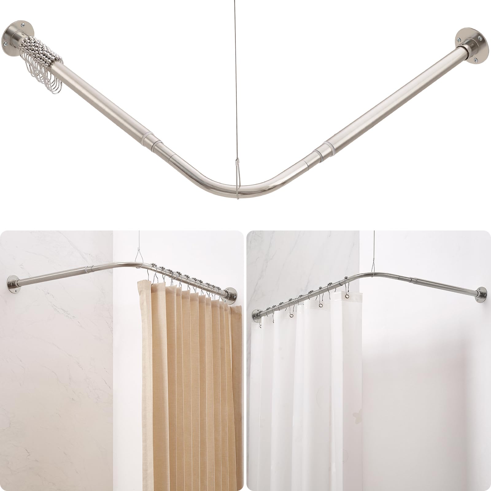 Crkmire L-Shaped Adjustable Shower Curtain Rod | Brushed Nickel Steel