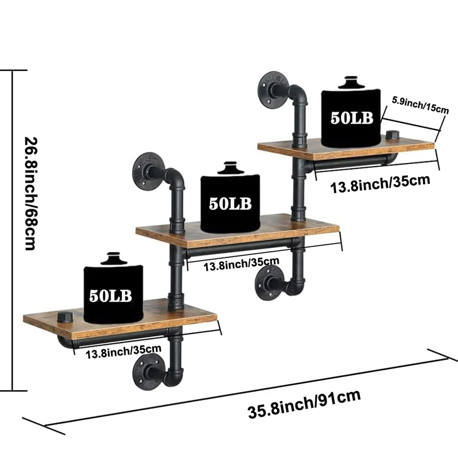 SaiDuoDuo 3-Tier Industrial Pipe Floating Shelves | Rustic Wood Wall Shelf