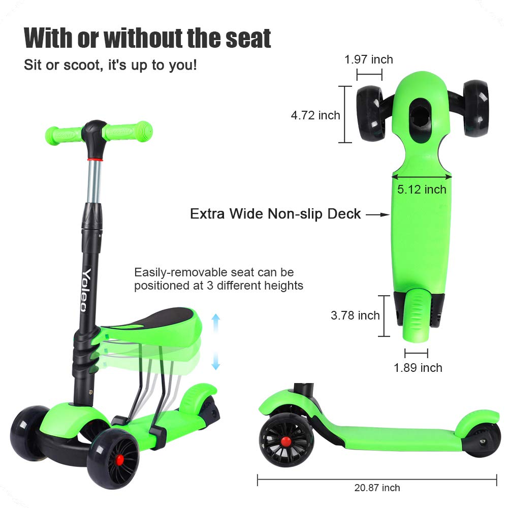 YOLEO 3-in-1 Kids Kick Scooter with Removable Seat and LED Wheels