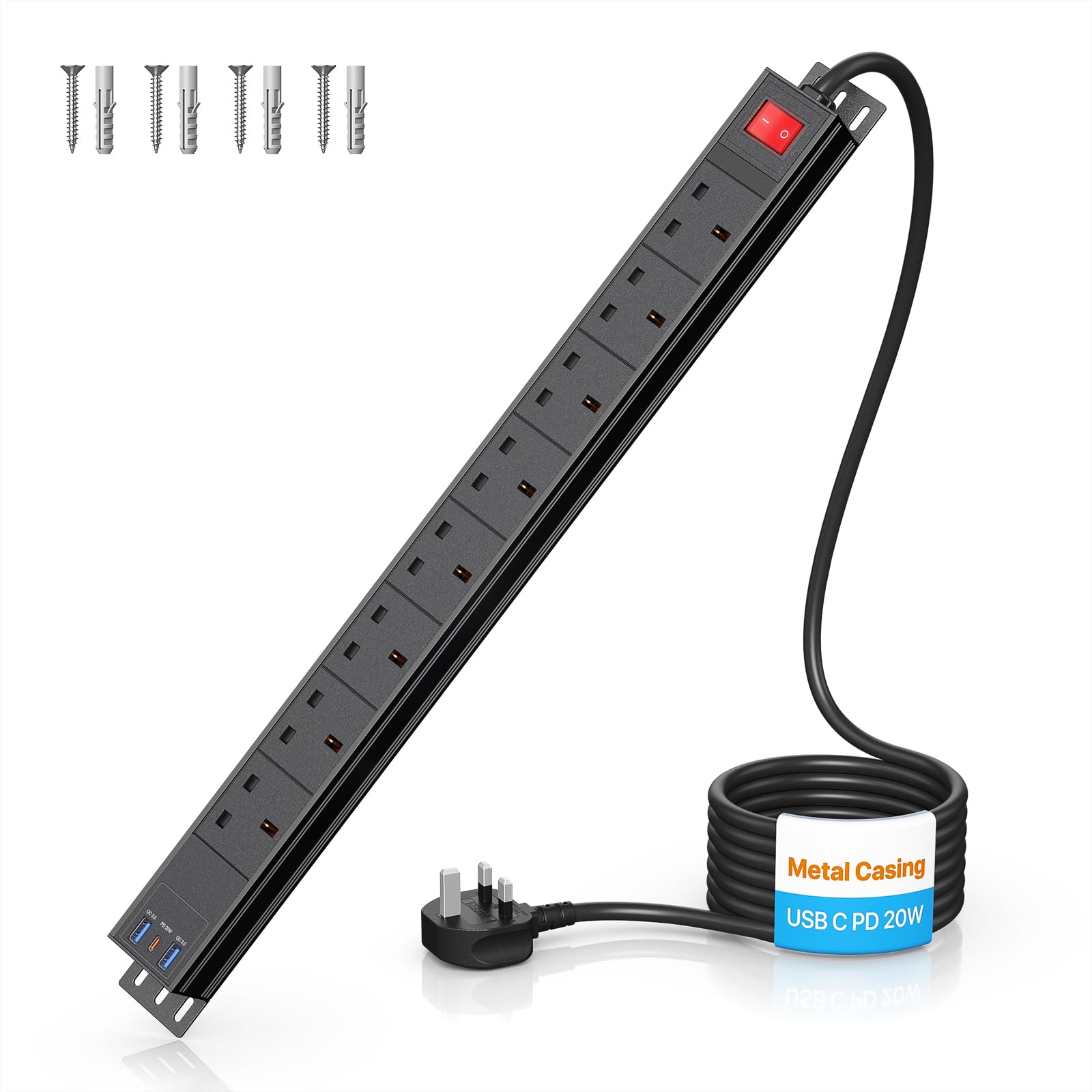 Ohuo 8-Way Power Strip Extension Lead | 20W USB-C PD & Metal Casing