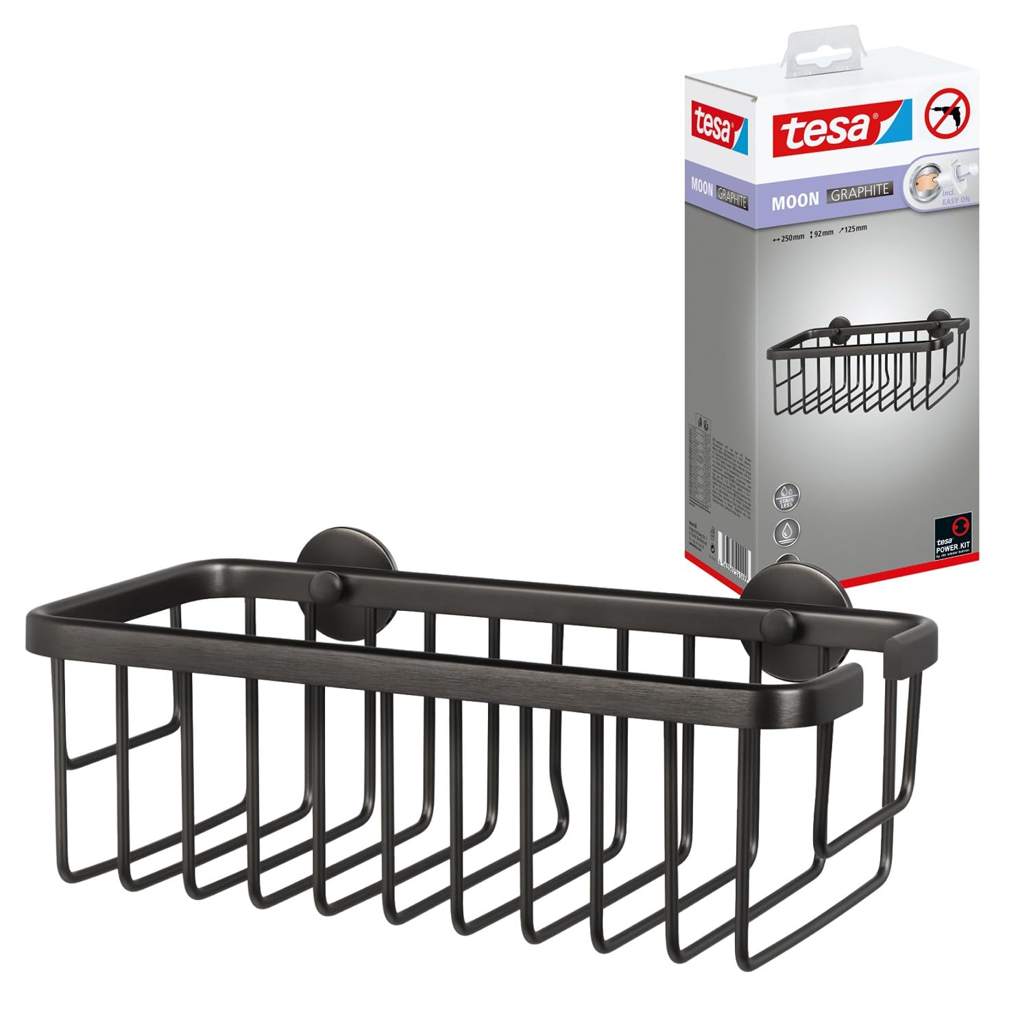 tesa MOON Shower Caddy – Extra Deep Drill-Free Shelf in Brushed Graphite