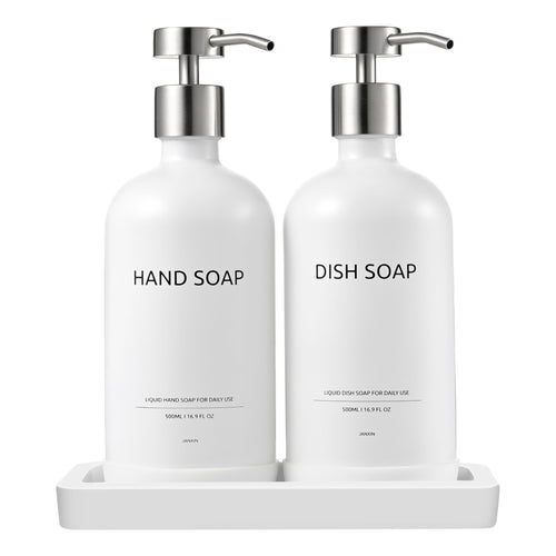 Janxin 2pcs Refillable Liquid Hand Jar Dispenser for Bathroom, Glass Soap Dispenser Bottle with Pump, 500ML, With Ceramic Tray - image 1