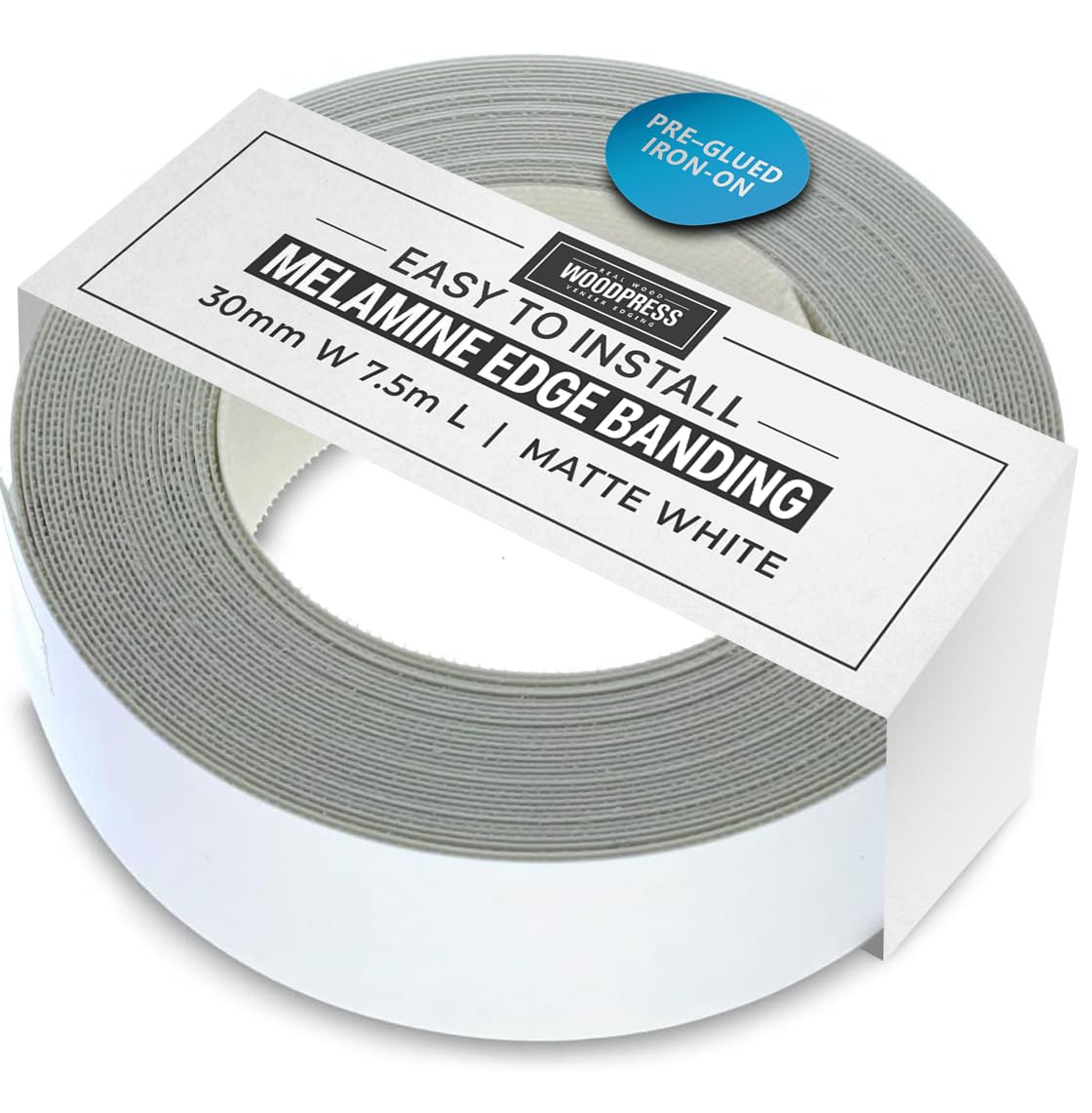 WoodPress Matt White Melamine Edging - 30mm Pre-Glued Iron-On Veneer Tape
