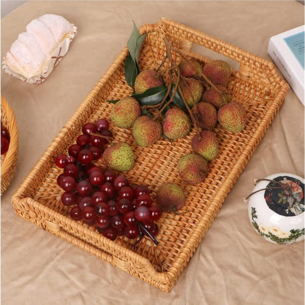 Hand-Woven Rattan Serving Tray with Handles – 17 Inch Rectangular