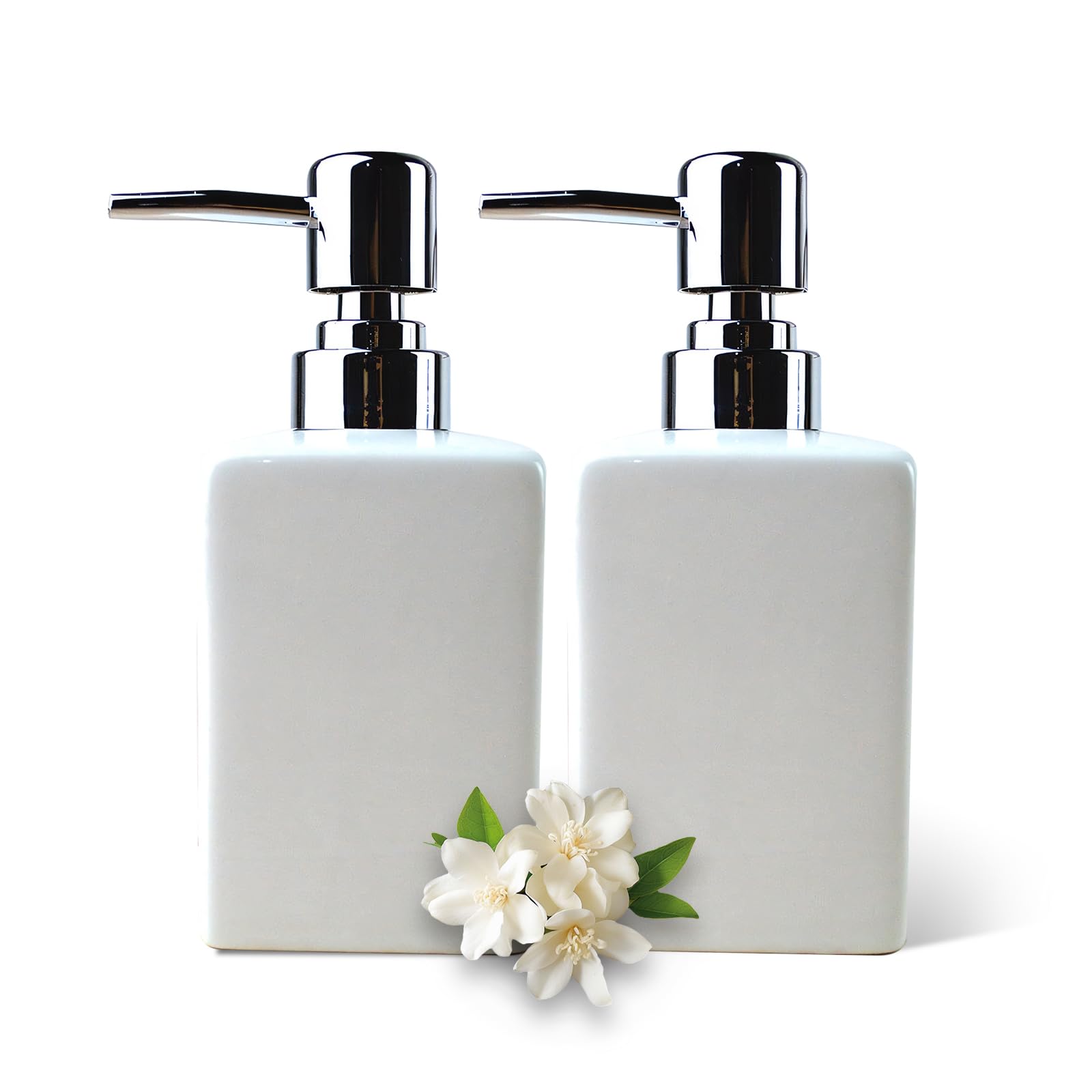Qudubuy Ceramic Soap Dispenser Set | 320ml Square Refillable Lotion Pump
