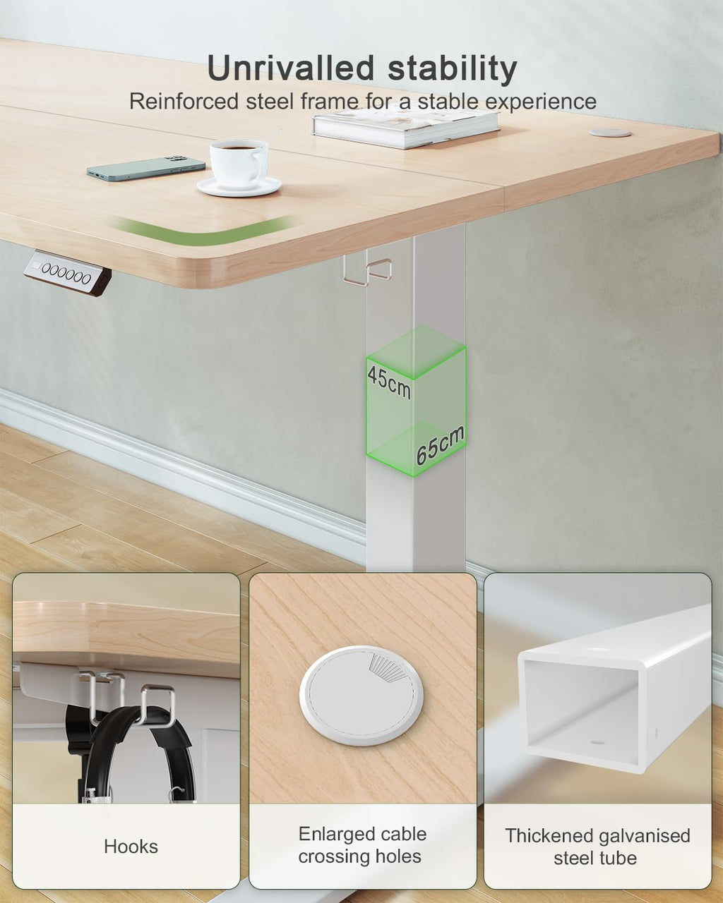 JUMMICO 100x60cm Electric Standing Desk with USB Charging Height Adjustable Desk with Sedentary Reminder Stand Up Desk with Splice Board for Home