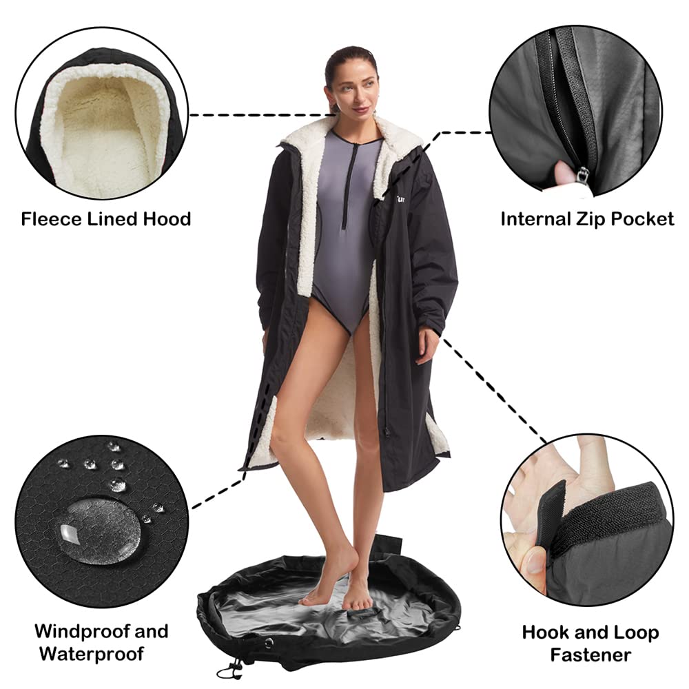Hiturbo Waterproof Changing Robe – Fleece Lined Surf Poncho Coat in Black