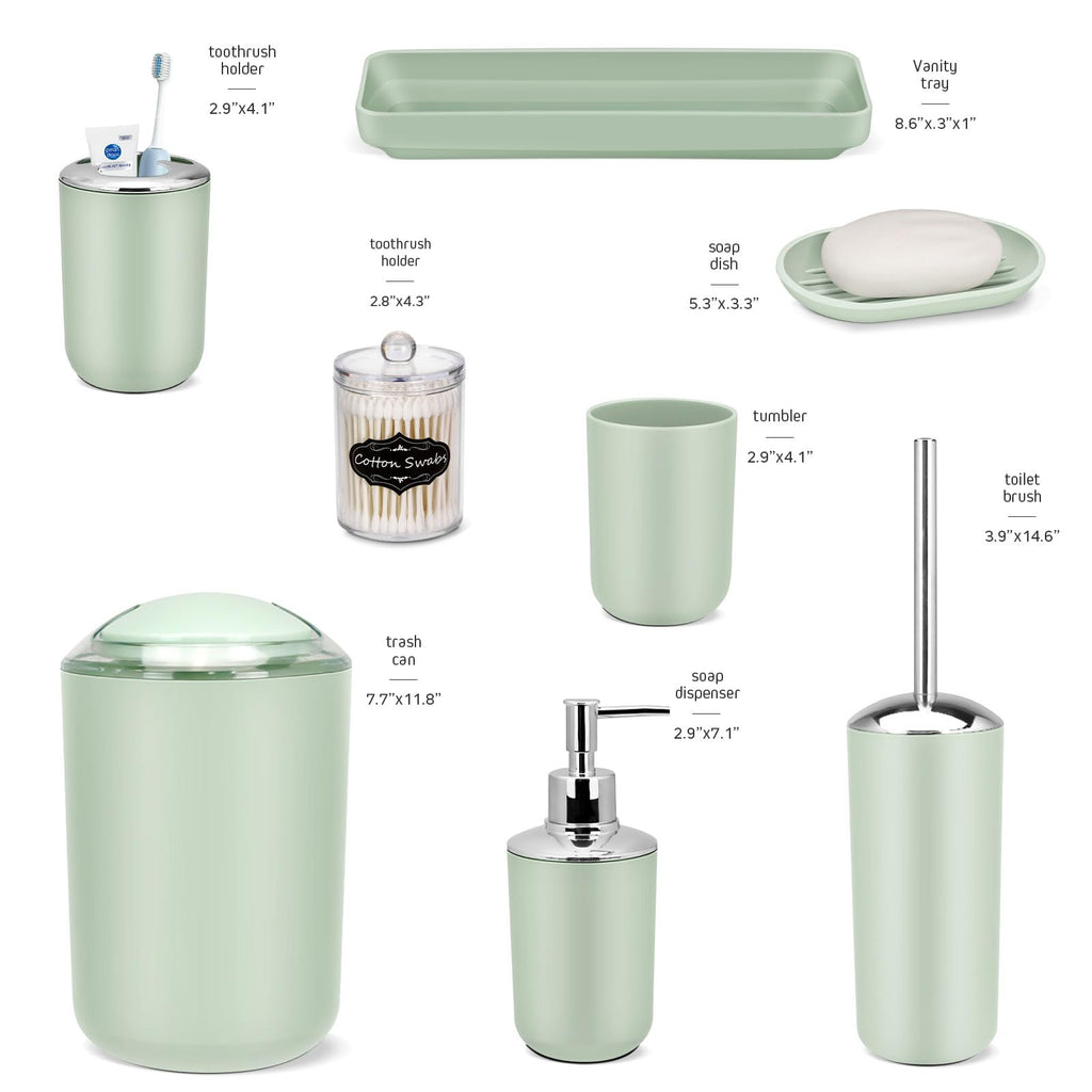IMAVO 8-Piece Bathroom Accessory Set with Trash Can - Green Plastic Decor