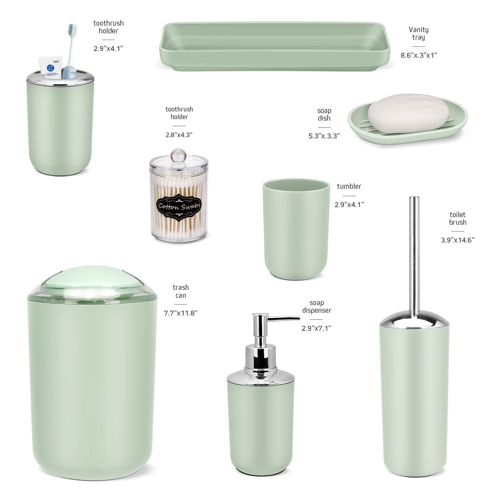 IMAVO 8-Piece Bathroom Accessory Set with Trash Can - Green Plastic Decor