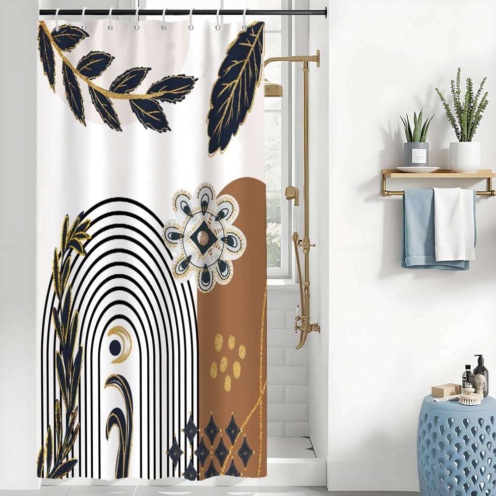 Abstract Boho Shower Curtain | Blue Gold Geometric Polyester