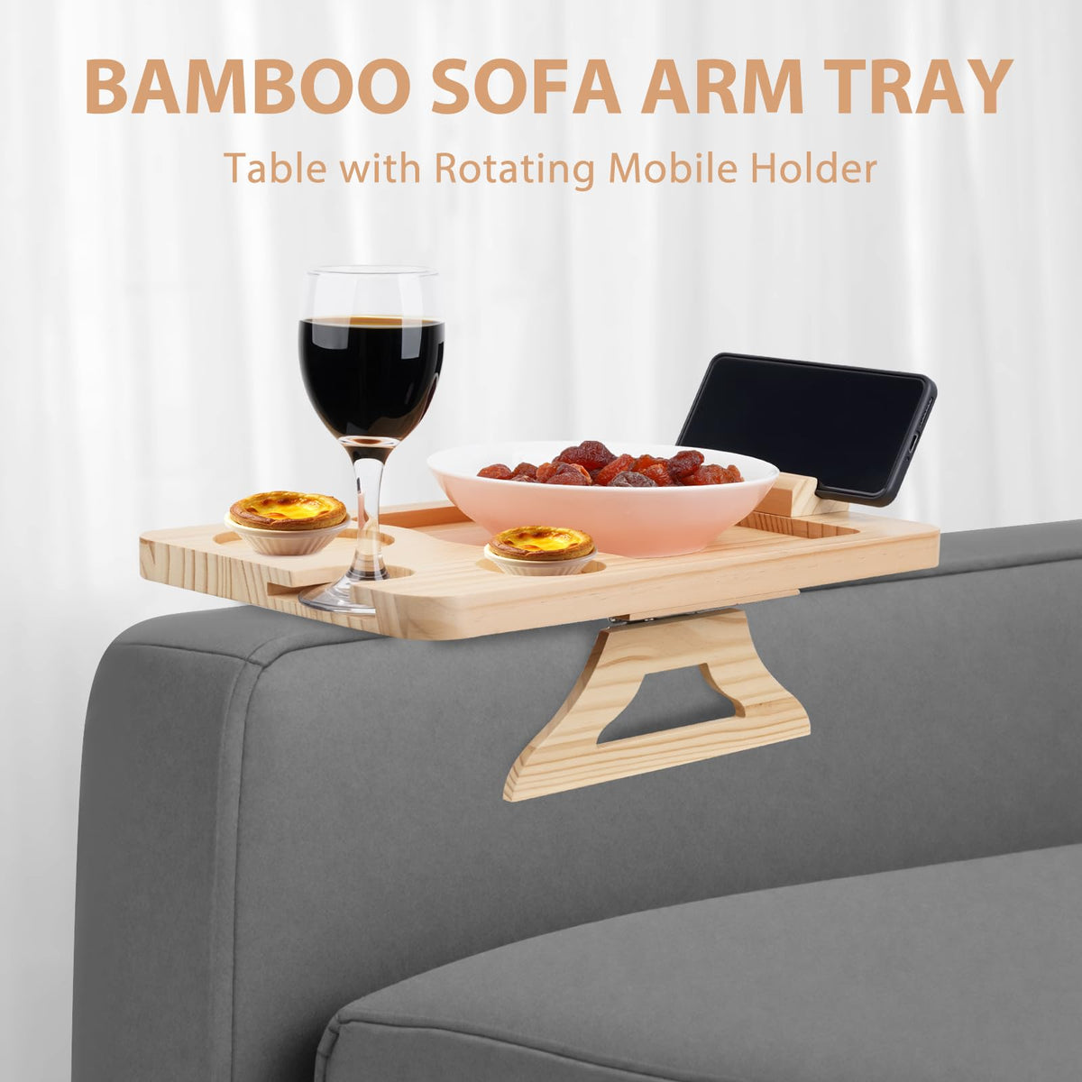 Natural Pine Sofa Armrest Tray,Drink Holder Arm with 360° Rotating Phone Stand. Holds Cups, Phones, Snacks, etc. Foldable & Clip-on Design - image 2