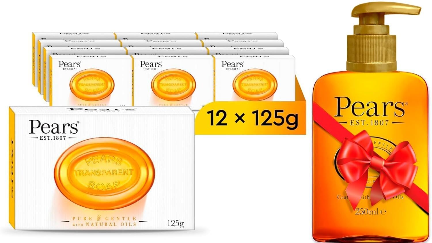 Pears Transparent Amber Soap 125g (12 Pack) | 250ml Hand Wash Bundle