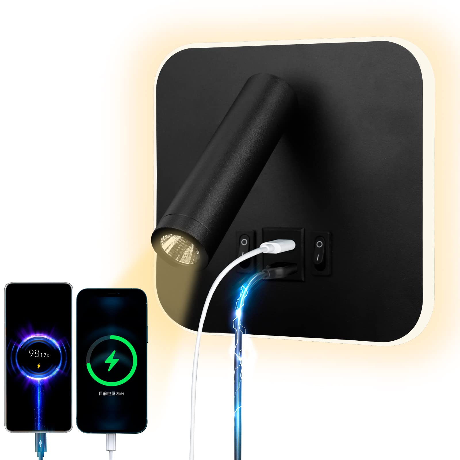 uksunvi LED Reading Lamp | 12W Wall Light with USB & Type-C Charging