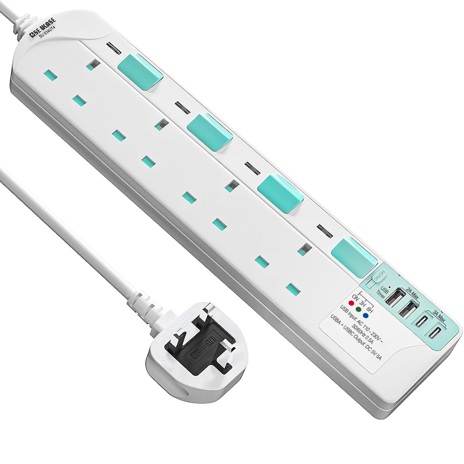 SE UKASE 4 Way Extension Lead with USB-C, Timer & Individual Switches