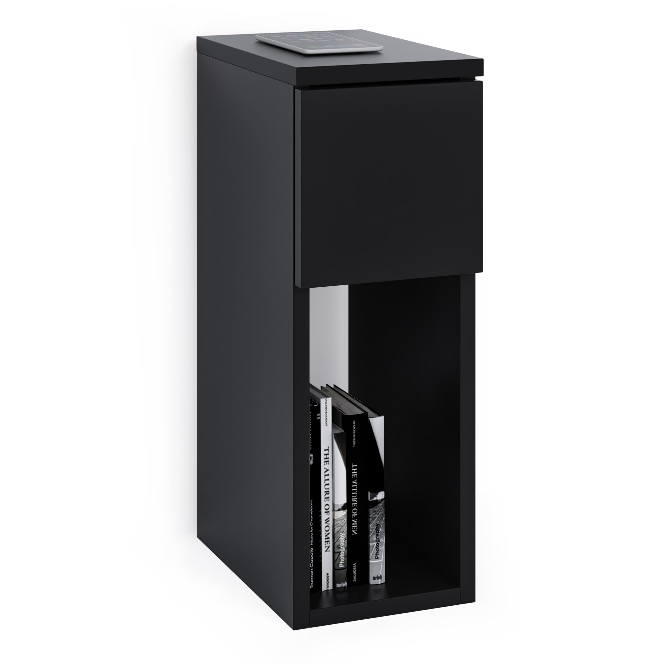 ComfortCove Narrow Bedside Table | Slim Black End Table with Drawer
