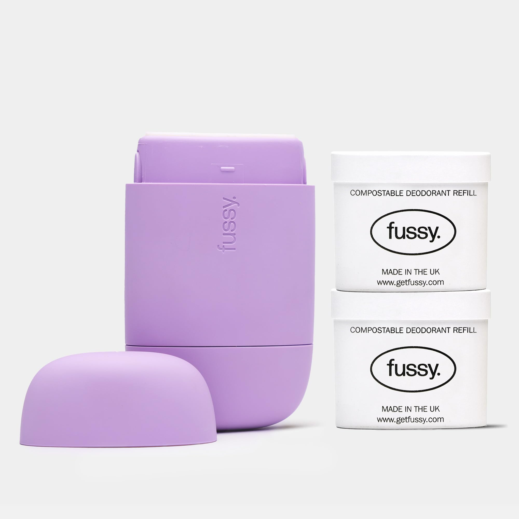 Fussy Natural Refillable Deodorant – Lilac Case & 2 Refill Variety Pack