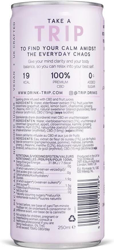TRIP CBD Drink - Elderflower Mint Sparkling Water - 24 x 250ml Cans