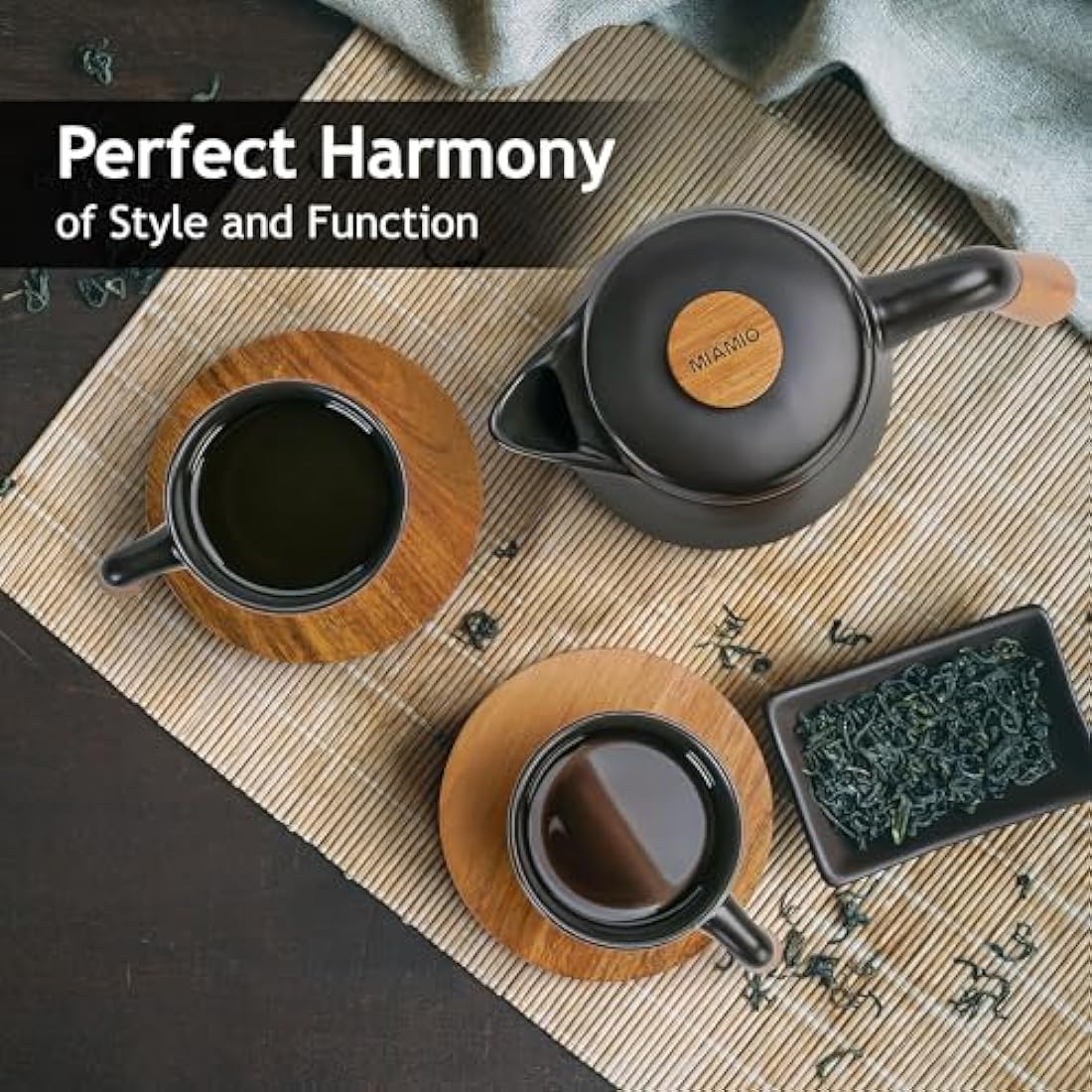 MIAMIO Ceramic Tea Pot Set with Infuser, 4 Mugs and Bamboo Saucers - Black