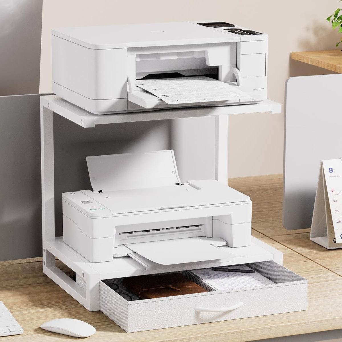OYRREU 2-Tier Desktop Printer Stand with Fabric Drawer for Storage, White - image 2