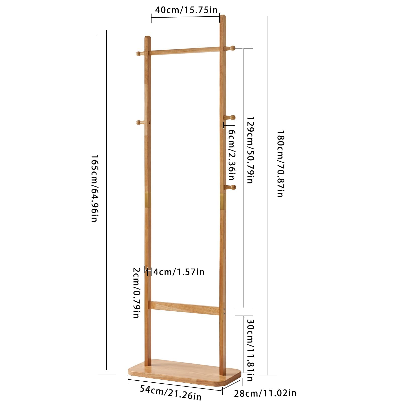 Aibiju 180cm Wooden Free Standing Coat Rack with 5 Hooks - Natural Wood