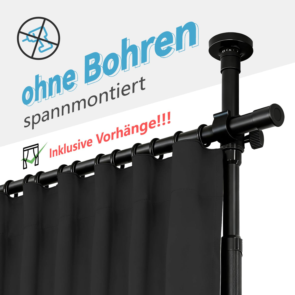 JILRON ROOM DIVIDER CURTAIN COMPLETE SET 1 BLACK CURTAIN: H 213cm x W 270cm POLE: H109-305cm x W89-254cm Ideal for Rental Homes