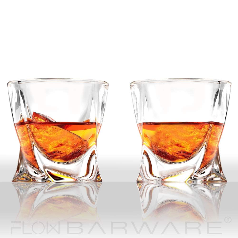 FLOW Barware Twist Whiskey Decanter Set - 2 Glasses & 6 Granite Stones