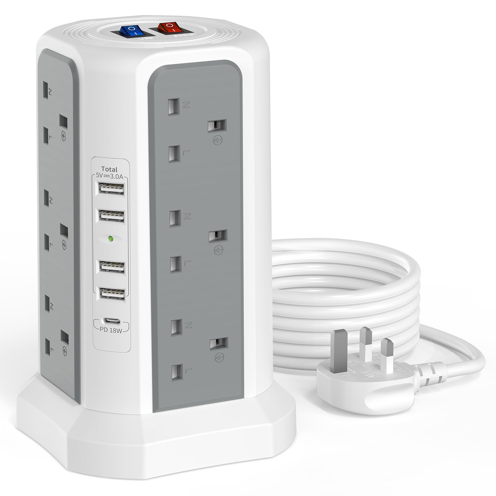 Jolof Store 12-Way Tower Extension Lead with 18W USB C Fast Charger
