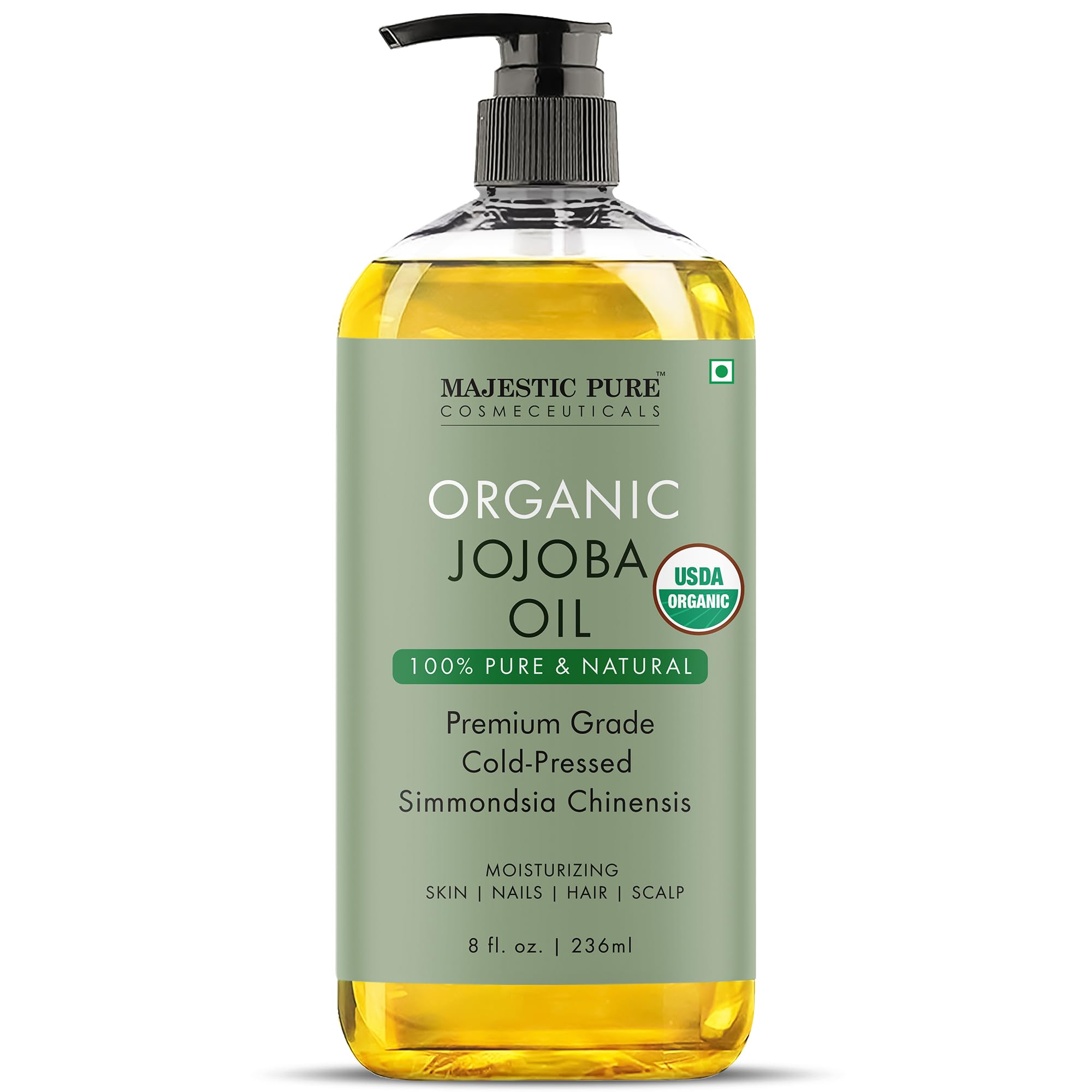 Majestic Pure Organic Jojoba Oil – Cold Pressed for Skin & Hair, 236ml