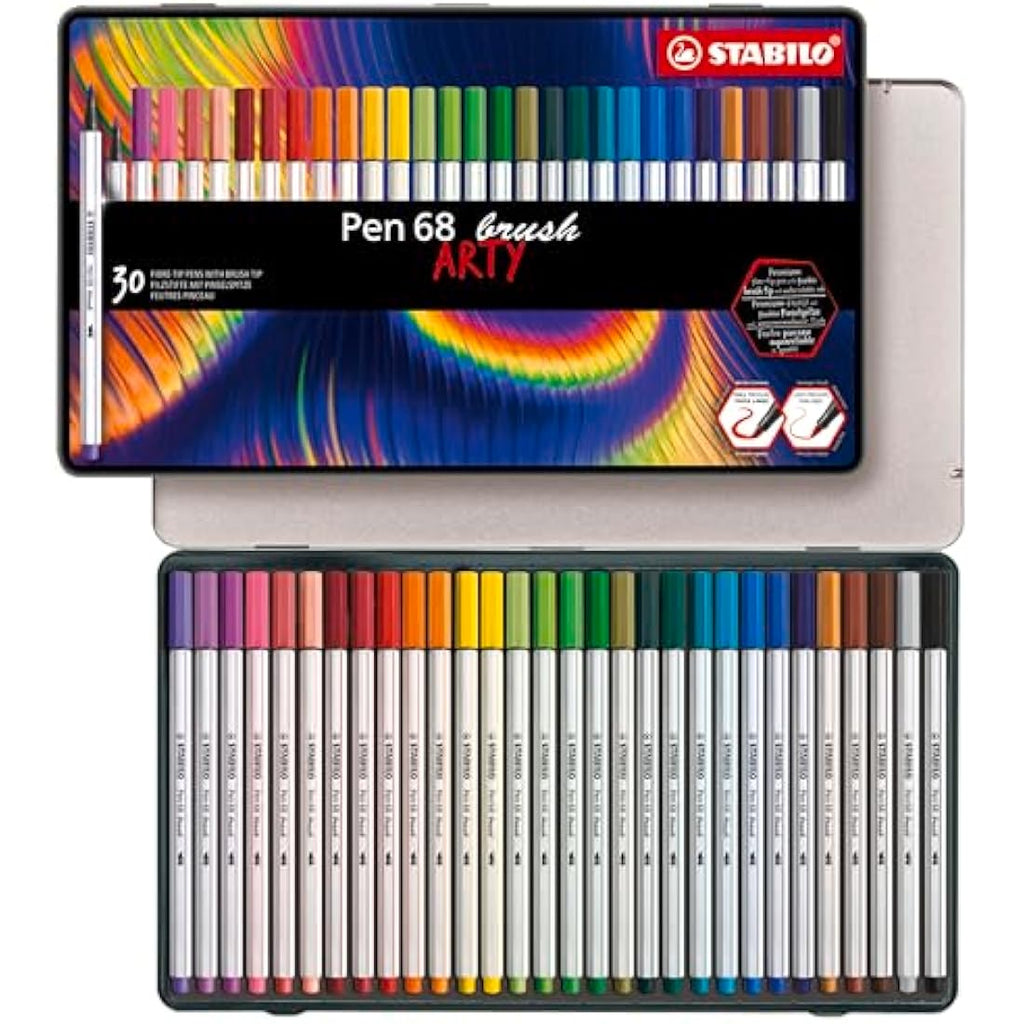 STABILO Pen 68 Brush Tip Markers - ARTY Tin of 30 Assorted Colours