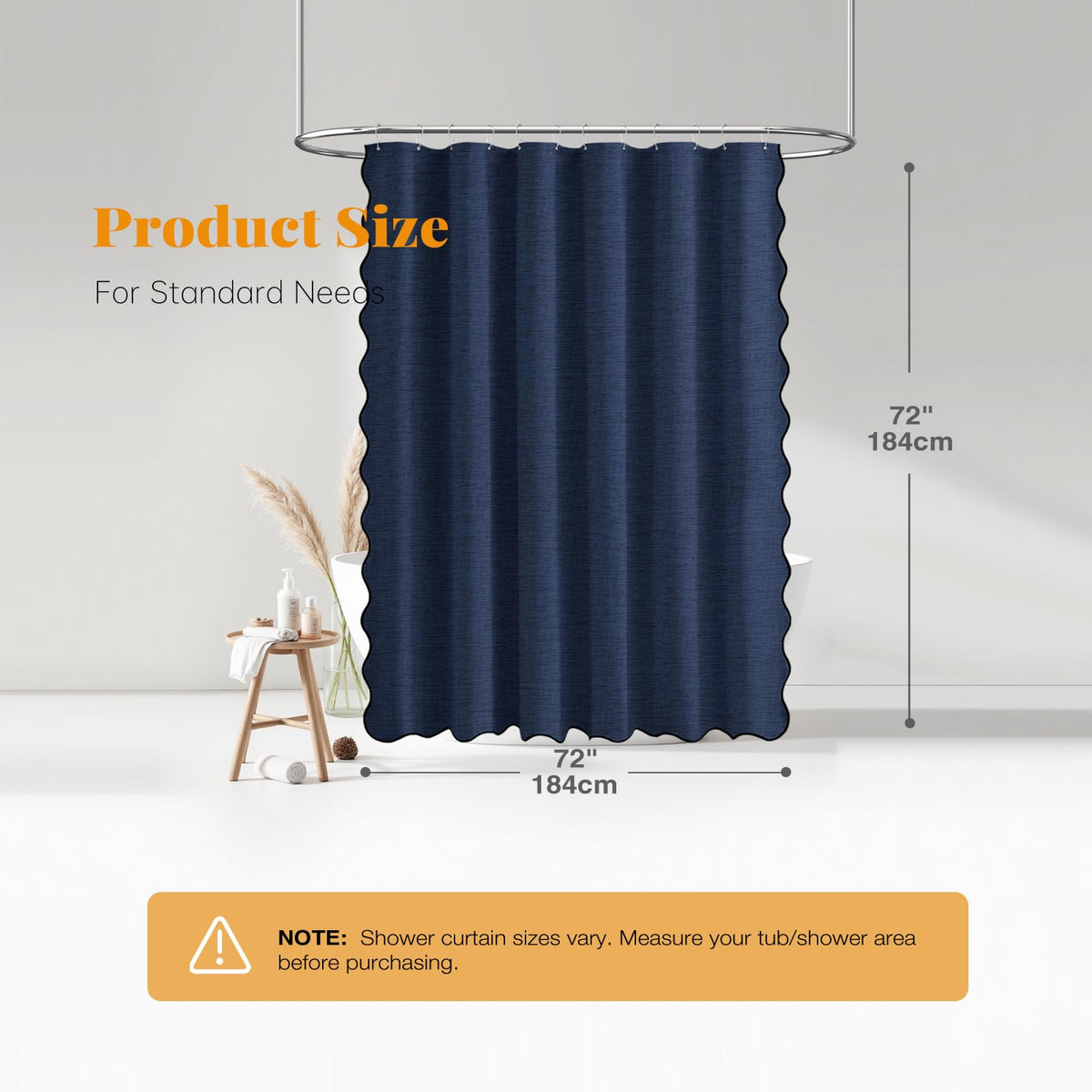 BTTN Scalloped Linen Look Shower Curtain, Waterproof, 184x184cm, Navy Blue
