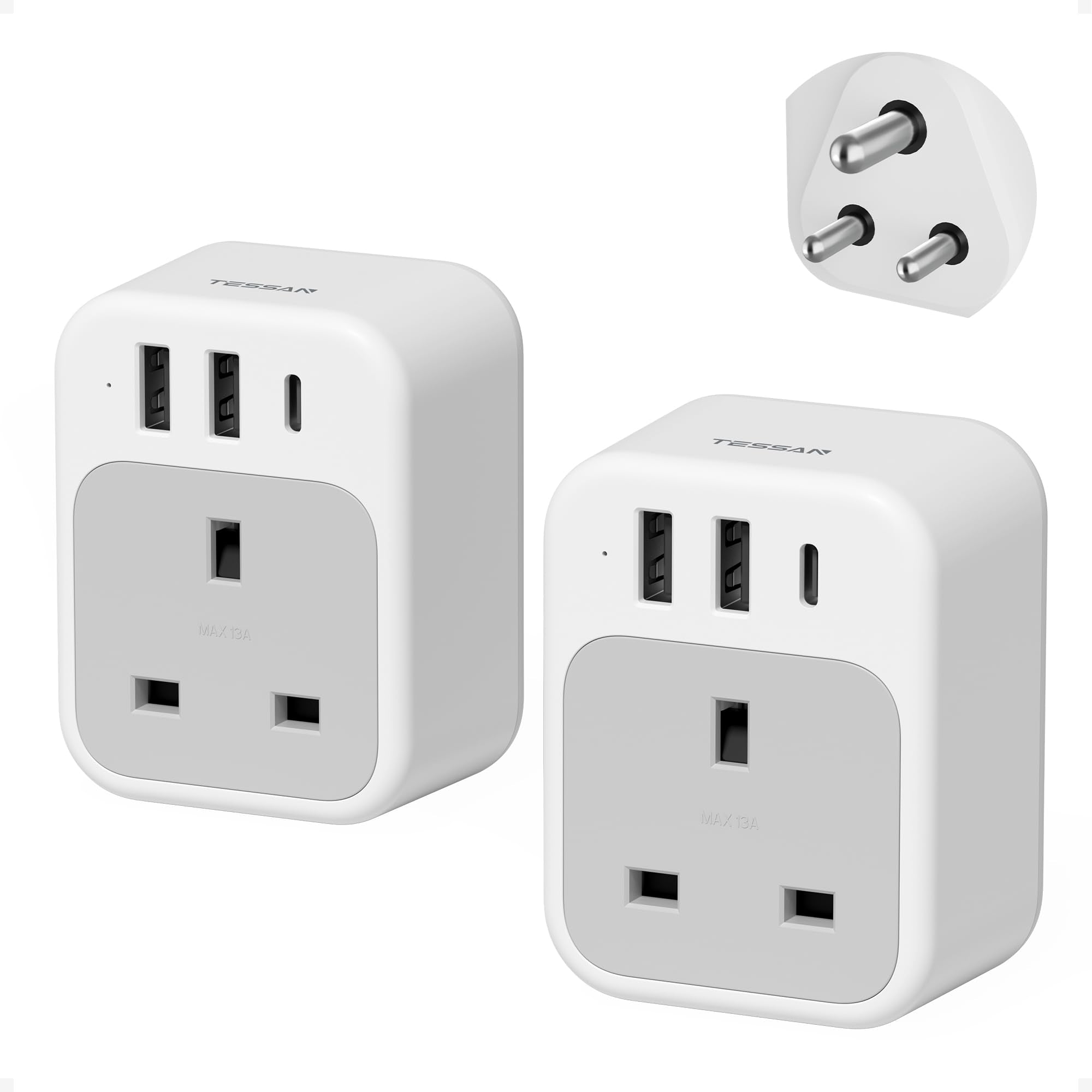 TESSAN Type D India Travel Adapter with USB C & 2 USB A - 2 Pack
