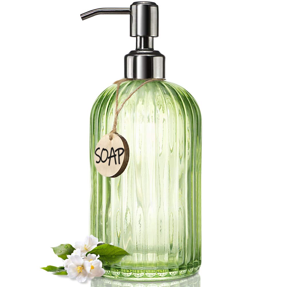 JASAI 18 Oz Green Glass Soap Dispenser | Rust Proof Stainless Steel Pump