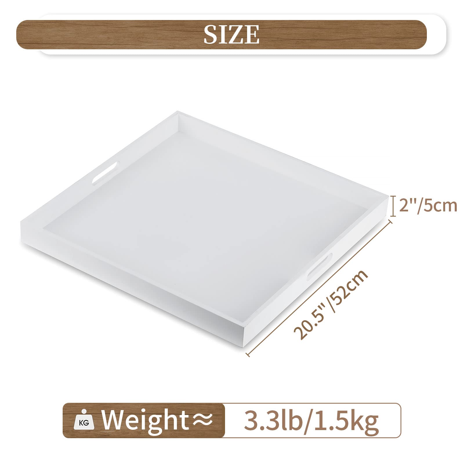 Hanobe 20" Square Ottoman Tray | Large White Wood Serving Tray with Handles