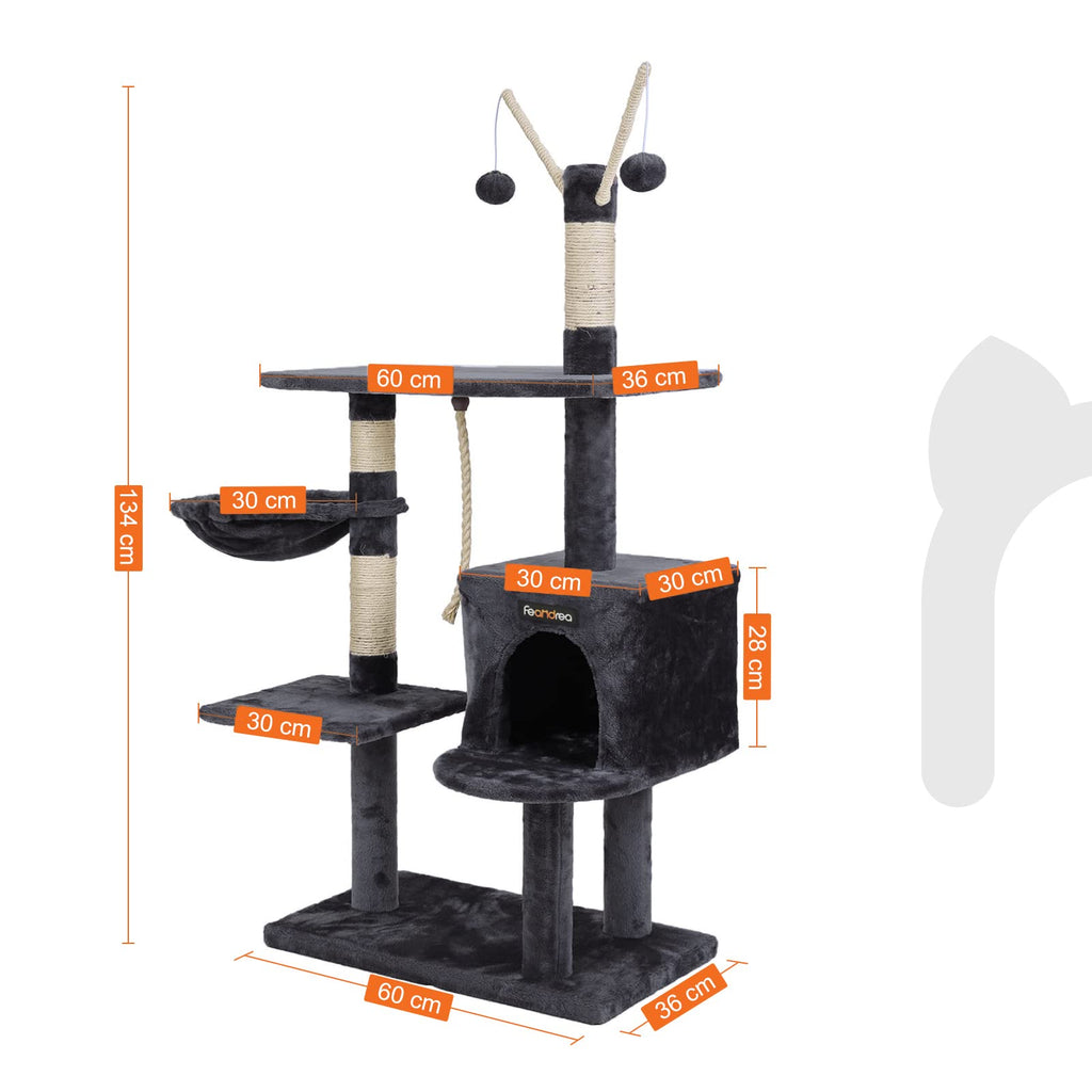 FEANDREA 134cm Cat Tree Scratcher | Multi-Level Condo with 2 Houses - Grey