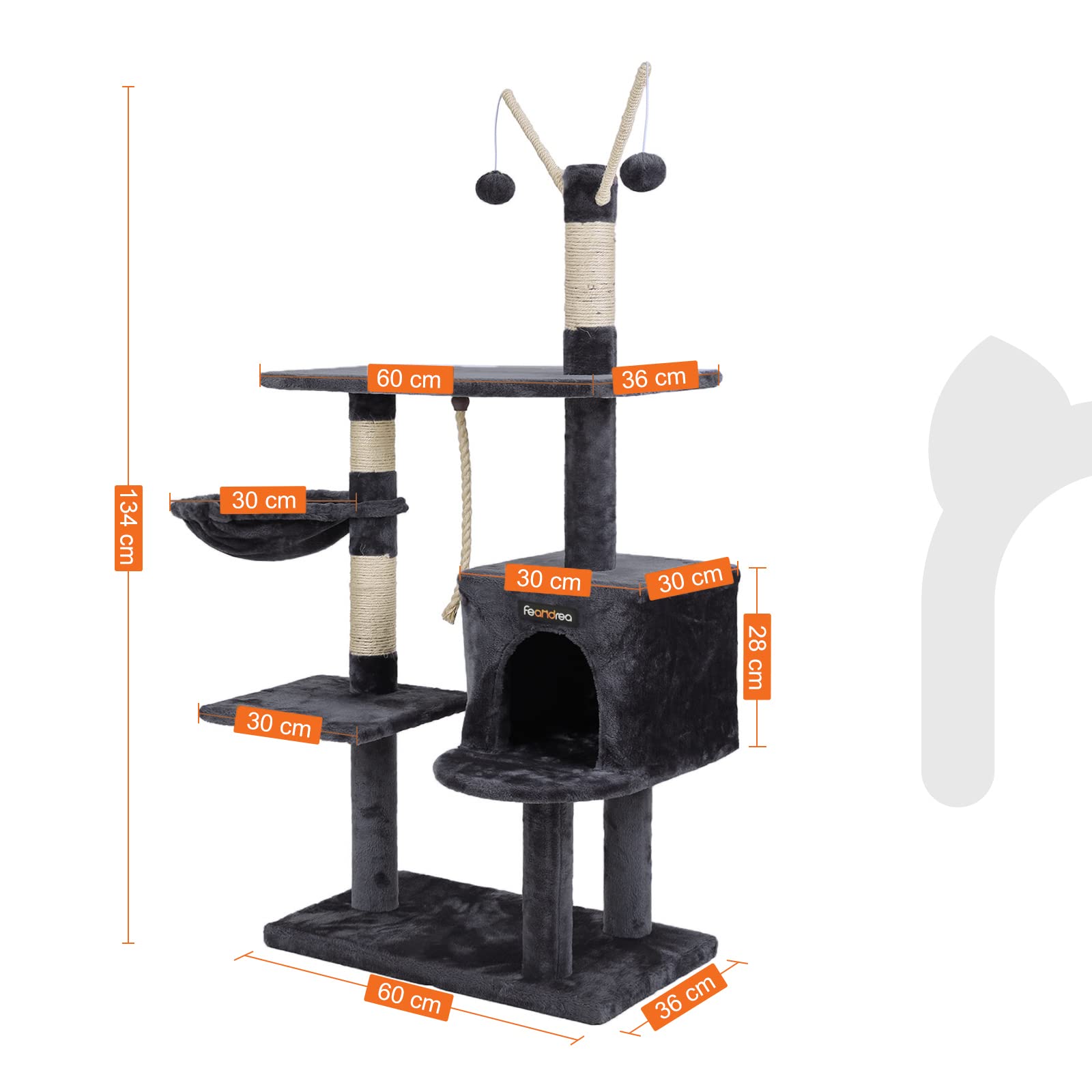 FEANDREA 134cm Cat Tree Scratcher | Multi-Level Condo with 2 Houses - Grey