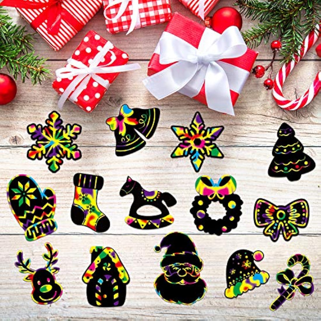 Jolof Store Christmas Scratch Art Ornaments - 80 Rainbow Paper DIY Cards