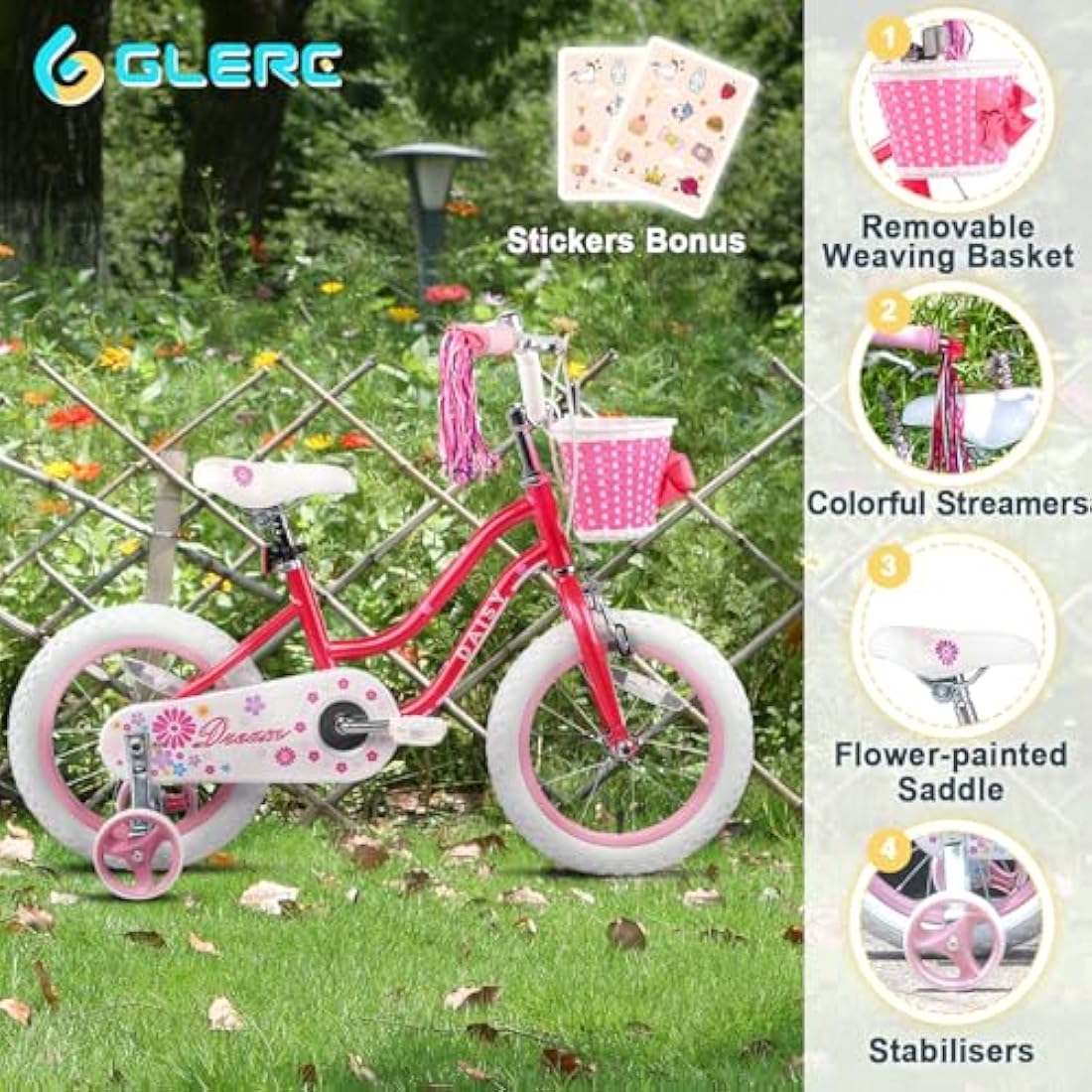 Glerc Daisy 16 Inch Girls Bike with Training Wheels and Basket