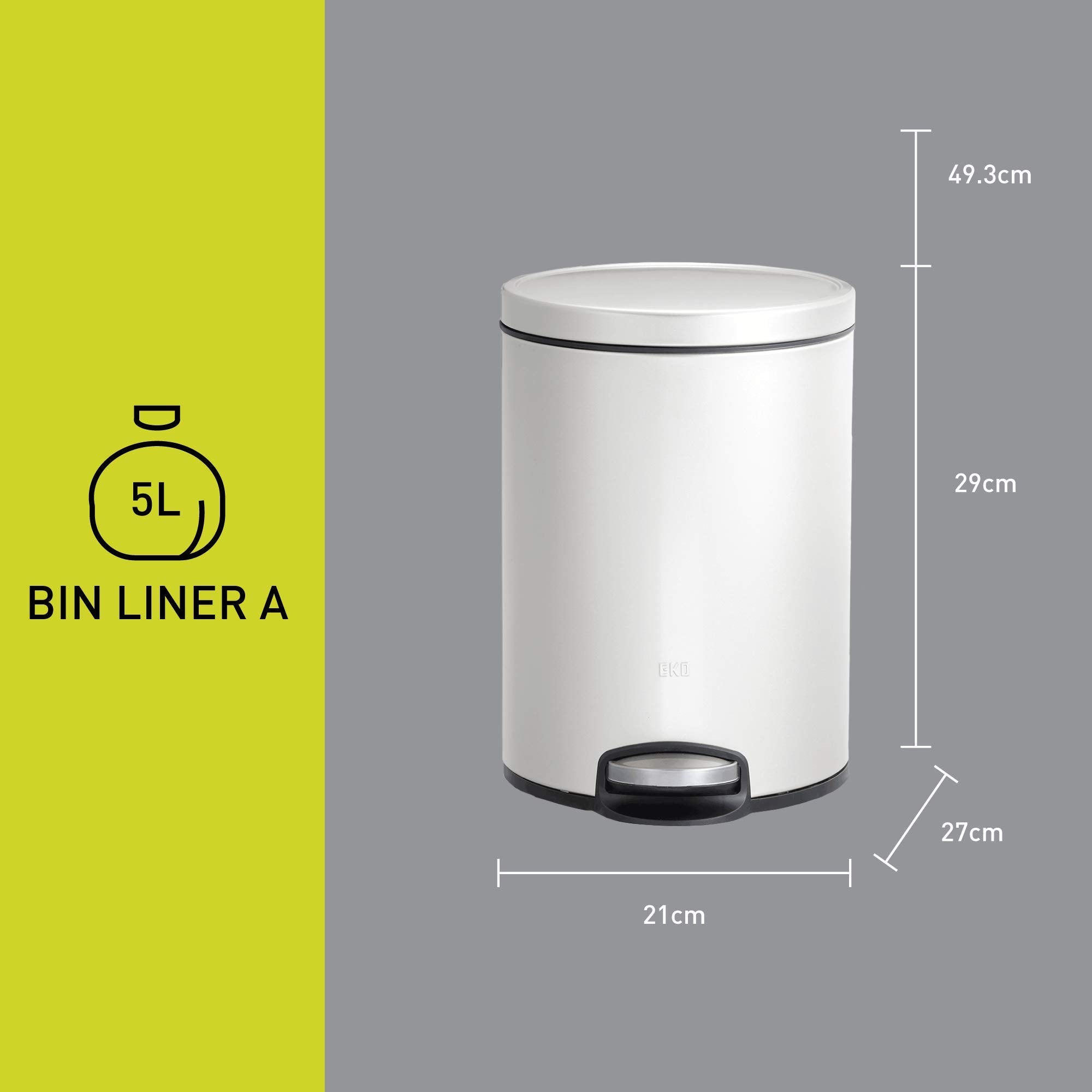 EKO Eva 5L Pedal Bathroom Bin | Soft Close Steel Waste Bin - White