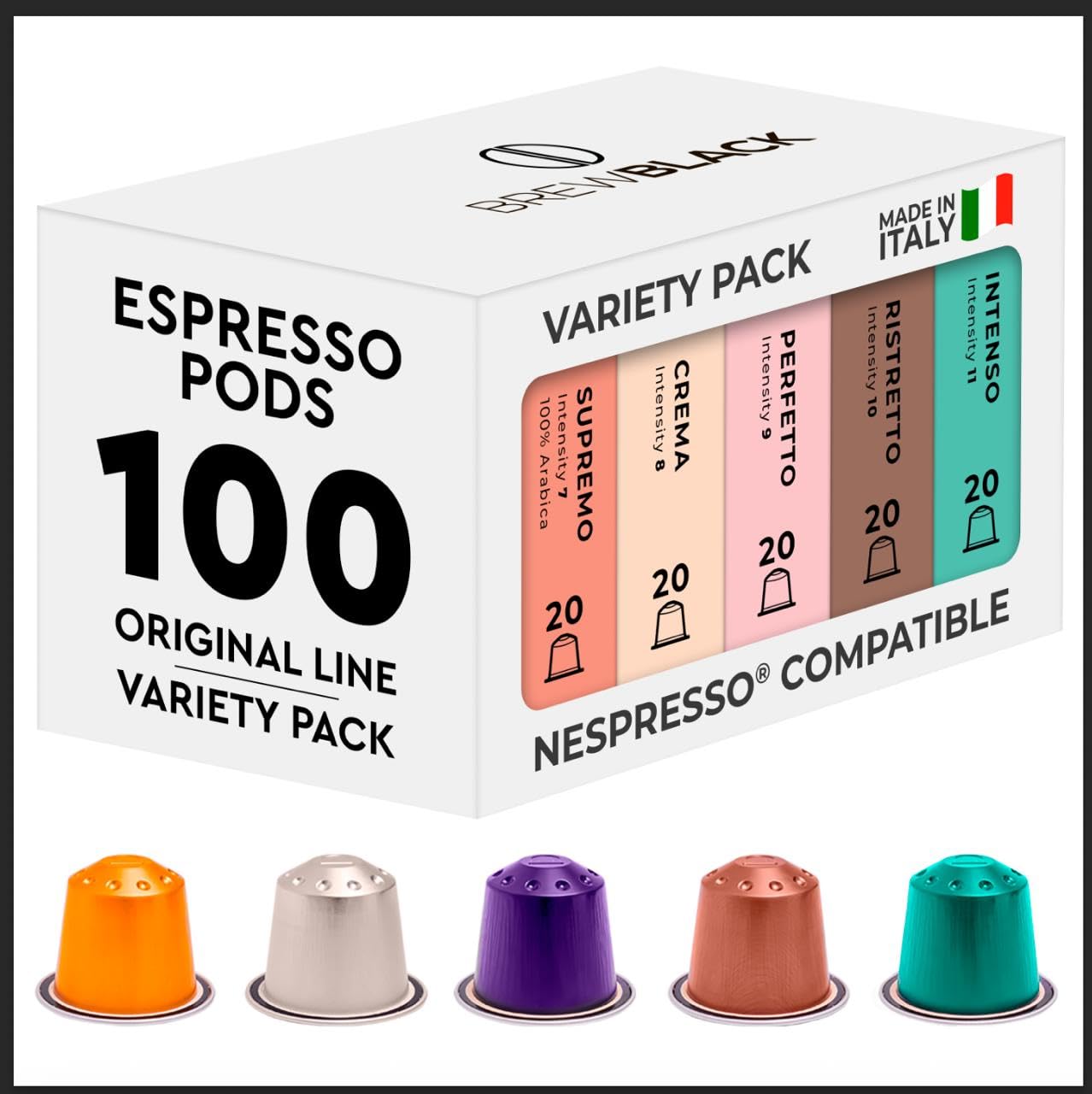 BrewBlack 100 Aluminium Coffee Pods - Nespresso Compatible Variety Pack