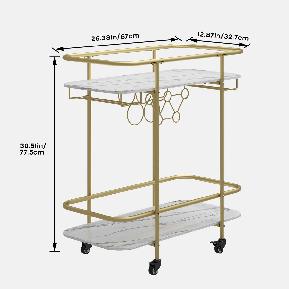 DAWNYIELD 2 Tier Mobile Bar Serving Cart, Drinks Trolley on Wheels, Gold - image 2