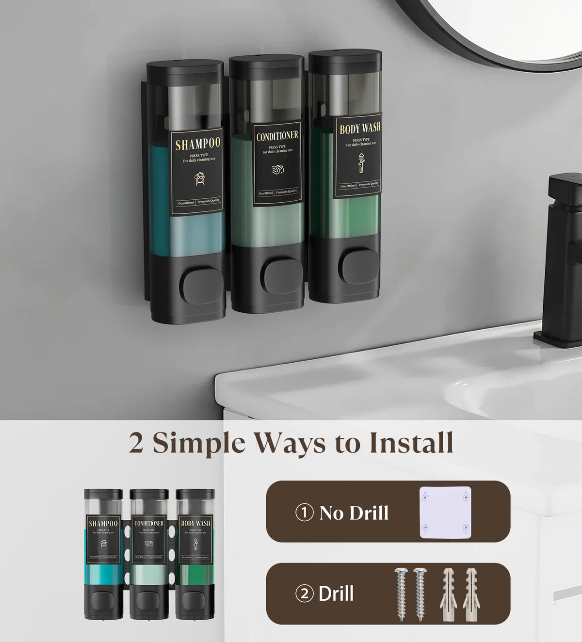Luxspire Shampoo and Conditioner Dispenser, Shower Soap Dispenser 3-Chamber - image 5