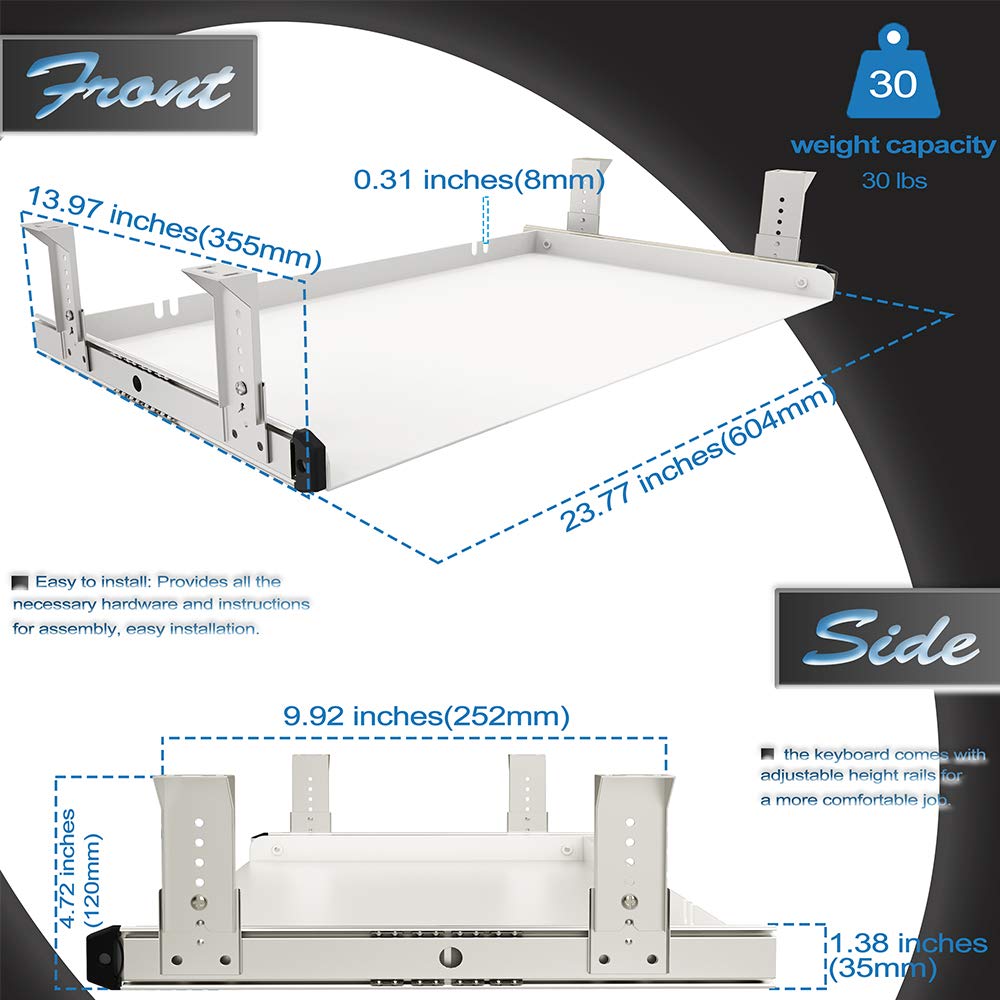 FRMSAET All-Metal 53 cm/60 cm/76 cm Under Desk Keyboard Tray60 cm, White