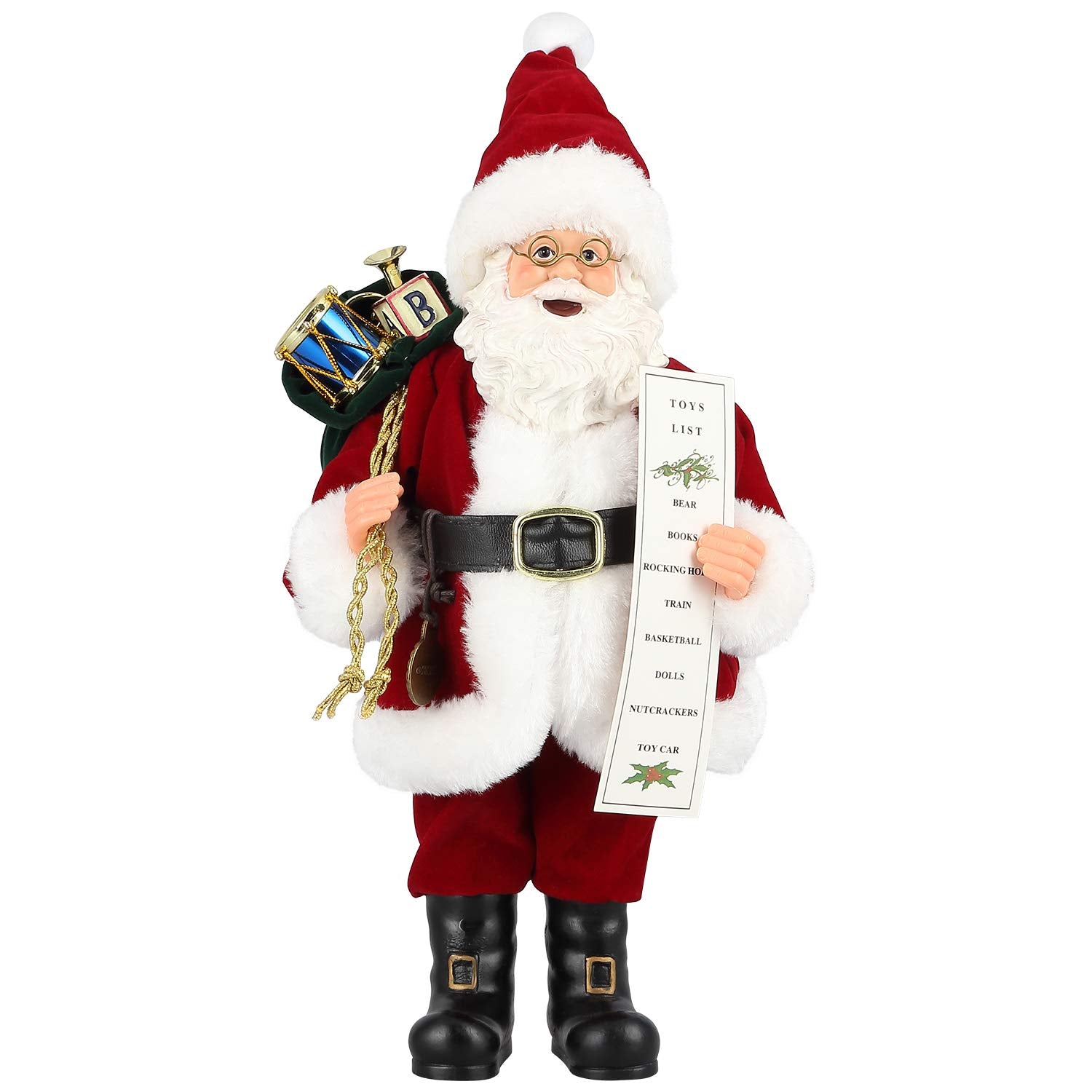 Uten 11 Inch Standing Santa Claus Figure with Gift Bag - Red Velvet Decor