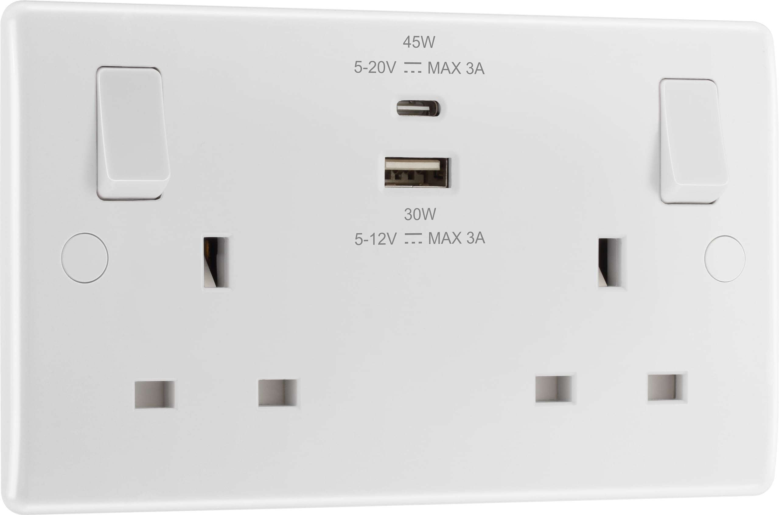 BG Electrical 45W Double Wall Socket | Fast Charge USB A & C | White
