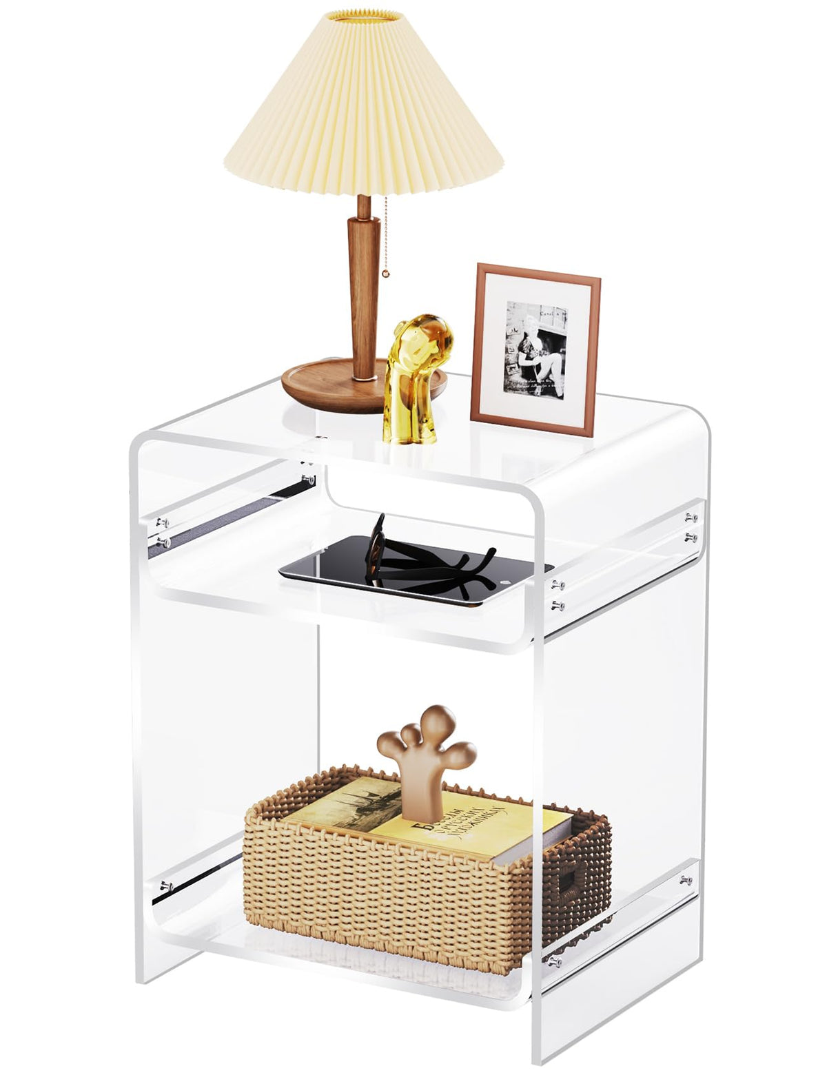 Acrylic End Table with Storage Shelf, Clear Side Table, Record Player Table, Nightstand, 15.7x19.7x11.8 Clear, 40×30×50 cm