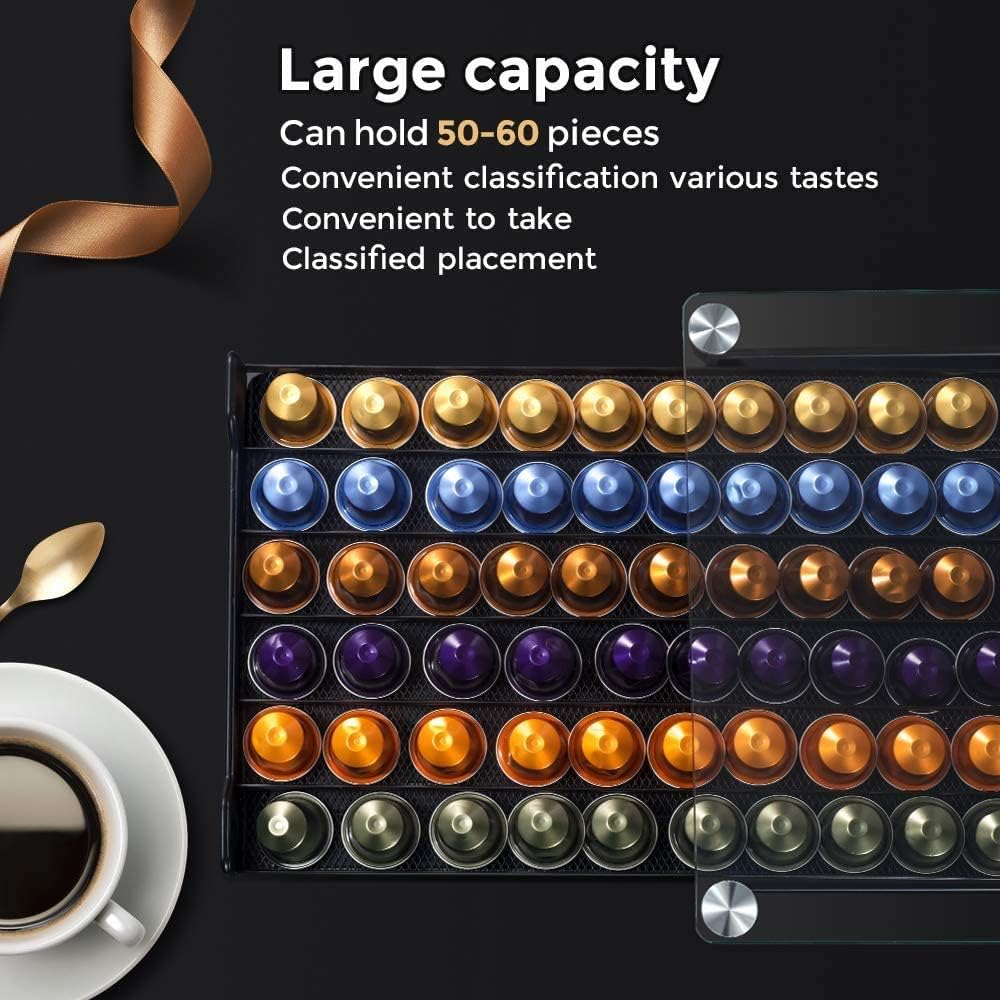 MASTERTOP Coffee Pod Holder – 60 Capsule Storage Drawer with Tempered Glass