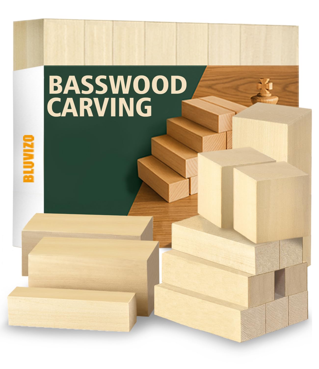 Bluvizo Basswood Carving Blocks – 13 Pcs Unfinished Wood Whittling Kit